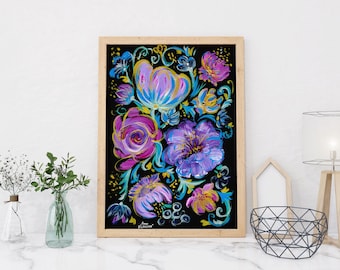 Floral Abstraction Art Print: Purple Flowers Acrylic Painting (Digital Download)