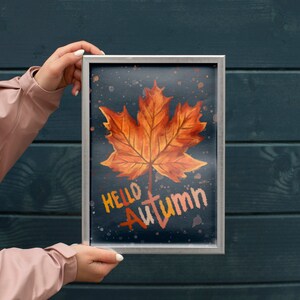Hello Autumn gift card Fall art print Leaf Download file Digital poster Printable picture Blue Artwok Seasonal Decor Cozy Neutral leaves