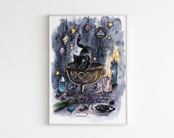 Black Cat Conjuring Watercolor Print: Magic Altar Decor (Digital Download)