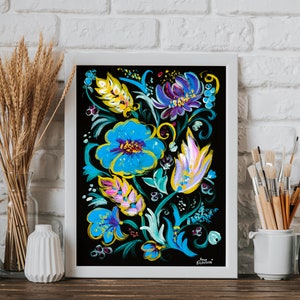 Digital Poster, Colorful floral abstraction#4, acrylic painting, Blue flowers on a black background,  Printable Wall art, Download Print