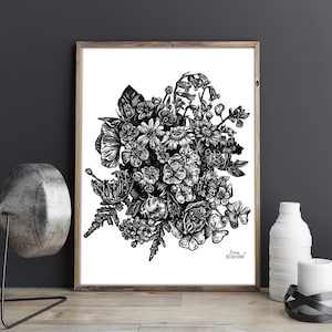 Arte de parede digital desenho de flor irlandesa impressão preta e branca arquivo de download botânico ilustração floral impressão linha minimalista pôster neutro