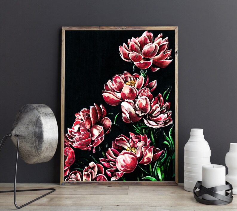 May include: A framed painting of red peonies on a black background. The peonies are arranged in a cluster, with some flowers facing the viewer and others facing away. The painting is framed in a simple wooden frame.