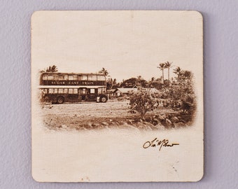 Sugar Cane Train, Maui, Hawaii- Original Photo Burned Onto Wood