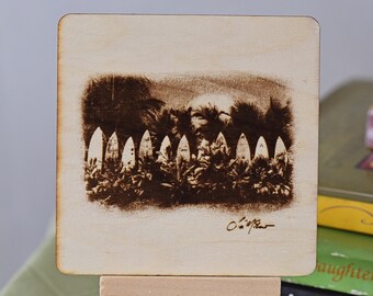 Maui Surfboards, Original Photo Burned onto Wood, With Mini Easel