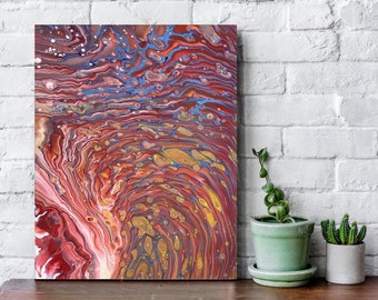 May include: Abstract painting with swirling red, orange, yellow, and blue colors. The painting has a textured, layered look, with a variety of shapes and patterns.