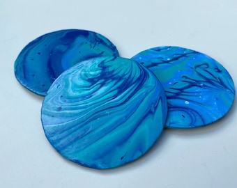 Blue Magnets Handmade One-of-a-kind Acrylic Pour Magnet Set of 3 Fluid Art Kitchen Decor Magnets