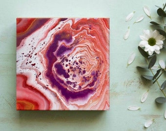 8x8 "Anillo de acrílico rosa púrpura y rojo Pour Abstract Fluid Art Pintura original