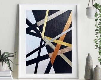8x10" Metallic Black and White Linear Geometric Original Abstract Painting