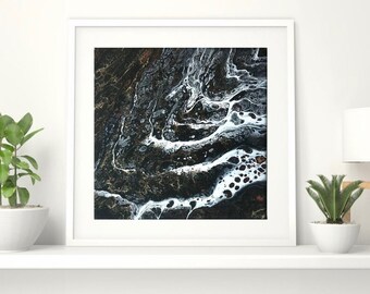 8x8" Black White and Gold Acrylic Ring Pour Abstract Fluid Art Original Painting