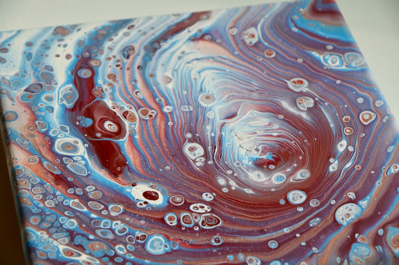 8x8" Red and Blue Abstract Square Modern Acrylic Ring Pour Decoration ...
