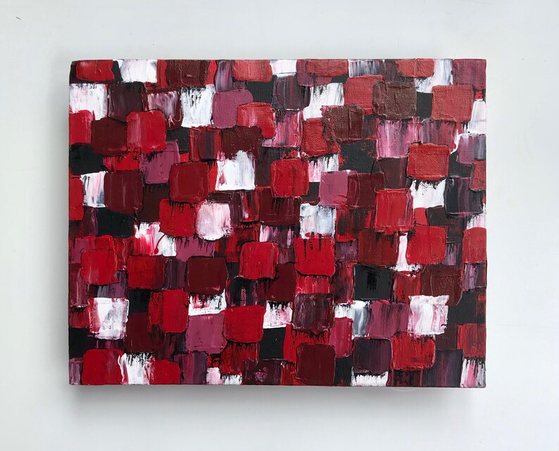 11x14 Red Geometric Acrylic Abstract Squares Painting Original Modern Art.
