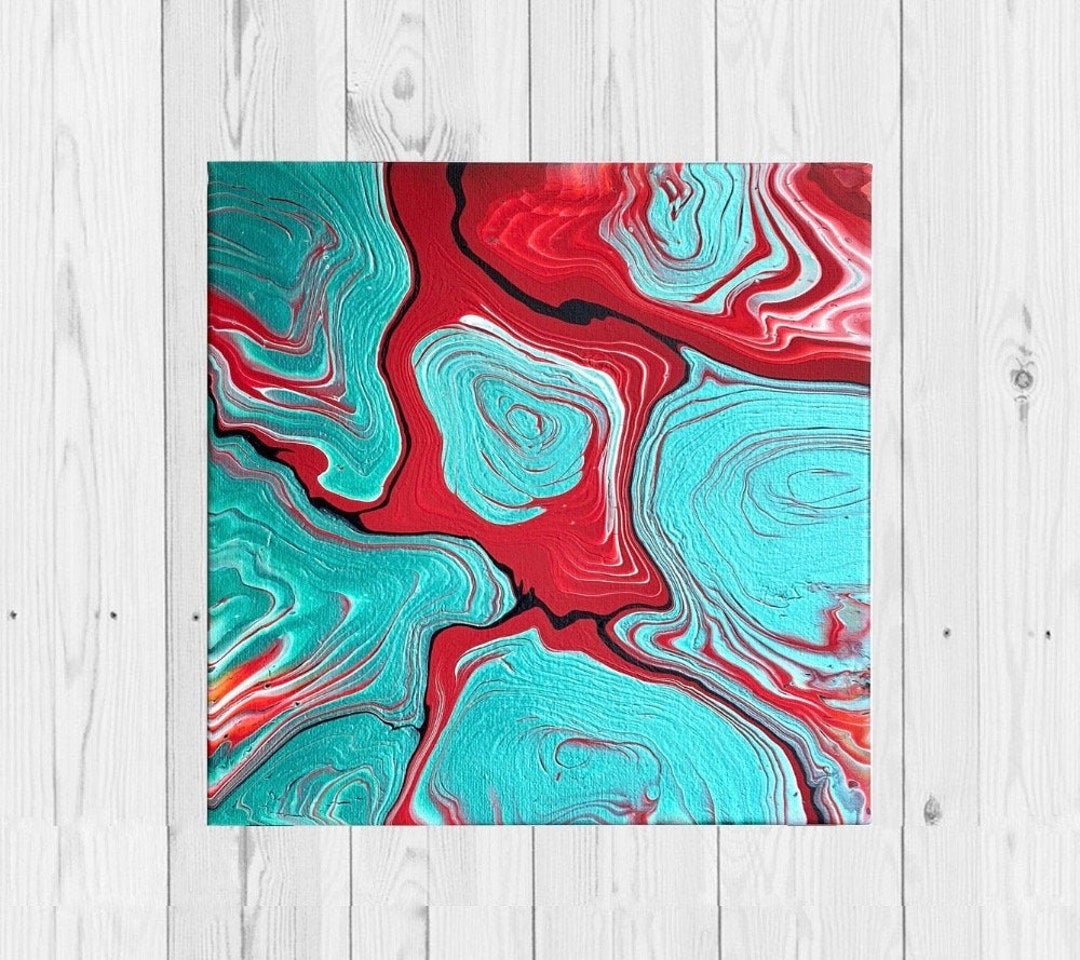 12x12" Metallic Aqua and Red Acrylic Ring Pour Abstract Fluid Art ...
