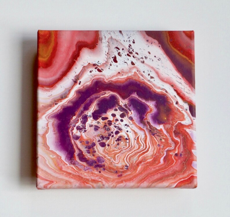 8x8" Pink Purple and Red Acrylic Ring Pour Abstract Fluid Art Original ...