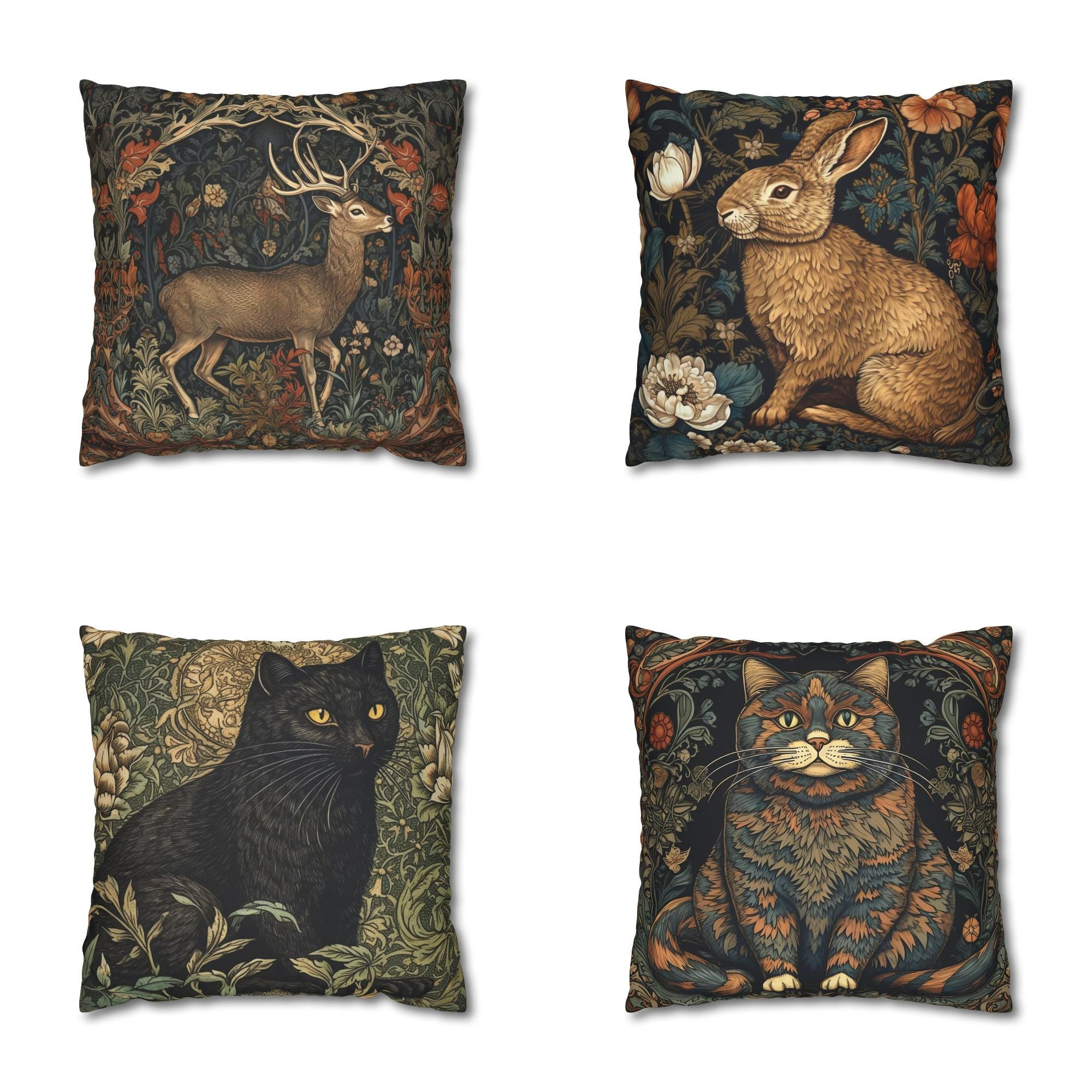 William Morris Style Throw Pillow Cover, Cottagecore Woodland Outdoor Pillow, Deer Cushion Case, Animal Lover Gift, Whimsical, Cat, Rabbit