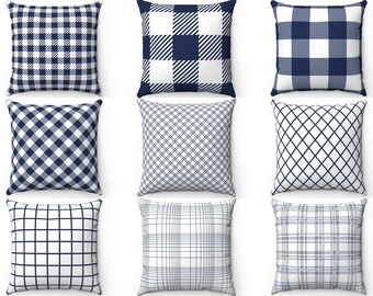 Navy Buffalo Check Plaid Throw Pillow Cover 16x16 18x18 20x20 22x22 24x24, Dark Blue Outdoor Indoor Farmhouse Cushion Case, 26x26 Euro Sham
