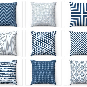 May include: Nine different throw pillow designs featuring geometric patterns in shades of blue and white.
