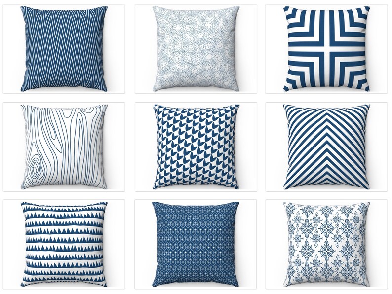 May include: Nine different throw pillow designs featuring geometric patterns in shades of blue and white.