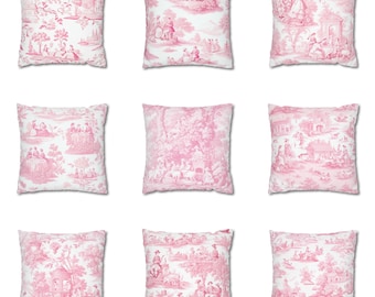 Pink Toile de Jouy Pillow, France Cottage Decor, French Country Pillow, Throw Pillow Cover, Outdoor Cushion Case, Euro Sham, Couch Accent