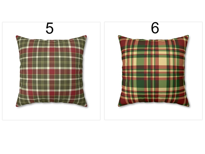 May include: Square throw pillows with plaid patterns. One pillow features a red, green, and white plaid design. The other pillow has a green, red, and tan plaid pattern. Both pillows have a white background.