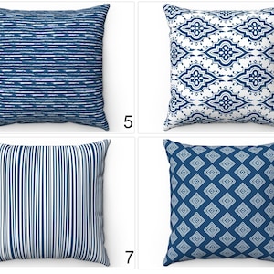 May include: Four different blue and white patterned throw pillows. The pillows are all square and have a variety of geometric designs. The pillows are numbered 5, 6, 7, and 8.