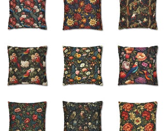 William Morris Style Throw Pillow Cover, Animal Lover Gift, Outdoor Floral Cushion Case, Botanical Decorative Couch Pillow, Bird Owl Peacock