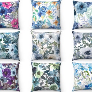 Blue Floral Throw Pillow Cover, Green Purple Outdoor Patio Spring Decor Flower Pillow, Watercolor Summer Cushion Case, 26x26 Euro Sham