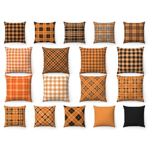 Fall Outdoor Pillow, Orange Fall Decor Check Plaid Throw Pillow Cover, Halloween Pillow Case, 16x16 18x18 20x20 22x22 Cushion, Euro Sham