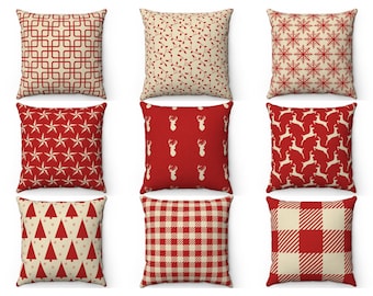 Red and Beige Christmas Decor Throw Pillow Cover 16x16 18x18 20x20, Check Plaid Deer Snowflake Pillow, Outdoor Cushion Case, Xmas Euro Sham