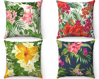 Floral Throw Pillow Cover, Botanical Outdoor Pillow, Patio Porch Spring / Summer Decor, Tropical Plant Leaf Cushion Case, 26x26 Euro Sham