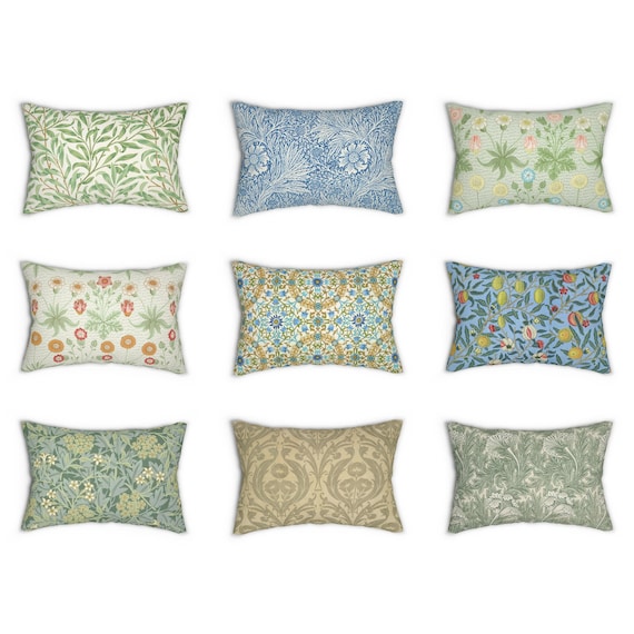 William Morris Lumbar Pillow Cover, Decorative Floral Rustic Accent Pillow, Art Nouveau Decor, Green Blue Botanical Cushion Case, Home Gift