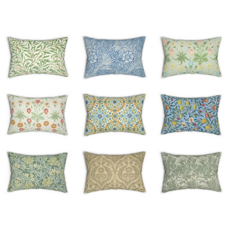 May include: Nine decorative throw pillows with various floral and geometric patterns in shades of green, blue, yellow, and orange. The pillows are arranged in three rows of three.