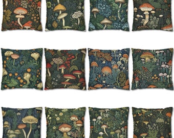 May include: Twelve square throw pillow covers with a mushroom and foliage pattern. The pillows feature a dark green background with colorful mushrooms, leaves, and flowers.