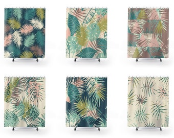 Abstract Tropical Leaves Shower Curtain, Pastel Colors Bath Curtain, Bathroom Decor Accessories, Green Palm Leaf and Plants Bathtub Curtain