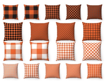 Orange Plaid Fall Decor Outdoor Throw Pillow Cover 18x18 20x20 22x22, Halloween Pillow, Buffalo Check Cushion Case, 26x26 Euro Pillow Sham