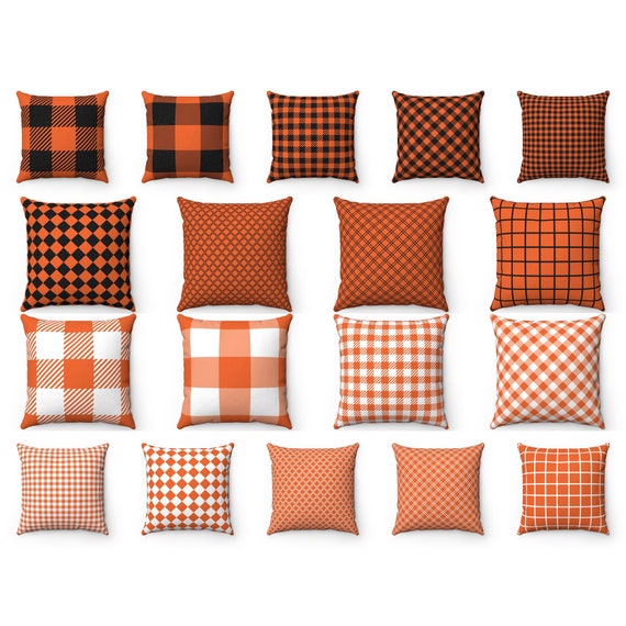 Orange Plaid Fall Decor Outdoor Throw Pillow Cover 18x18 20x20 22x22, Halloween Pillow, Buffalo Check Cushion Case, 26x26 Euro Pillow Sham