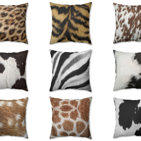 Safari Animal Skin Print Throw Pillow Cover, Outdoor Pillow, Country Farm Indoor Cushion Case, Leopard Cheetah Cowhide Zebra Tiger Pattern