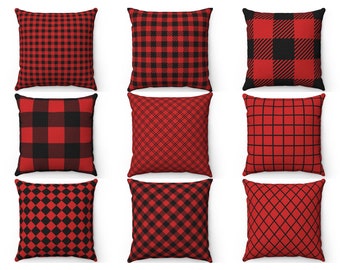 Christmas Decor Red Black Buffalo Check Plaid Outdoor Indoor Throw Pillow Cover 16x16 18x18 20x20, Gingham Lumberjack Cushion Case Euro Sham