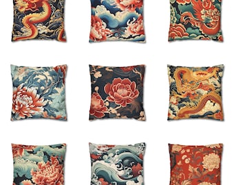 Almohada chinoiserie, funda de almohada con motivos chinos, almohada temática de arte asiático, funda de cojín al aire libre con dragón chino, regalo del Día de la Madre Euro Sham