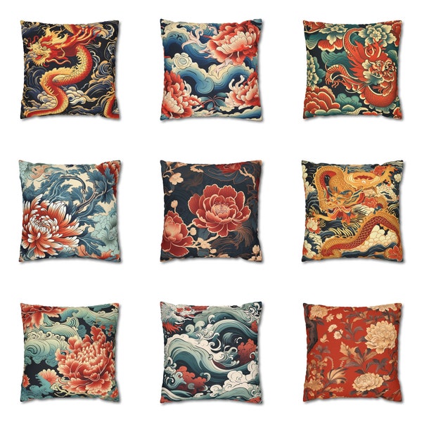 Chinoiserie Pillow, Chinese Motifs Throw Pillow Cover, Asian Art Theme Pillow, Chinese Dragon Outdoor Cushion Case Euro Sham Mother Day Gift