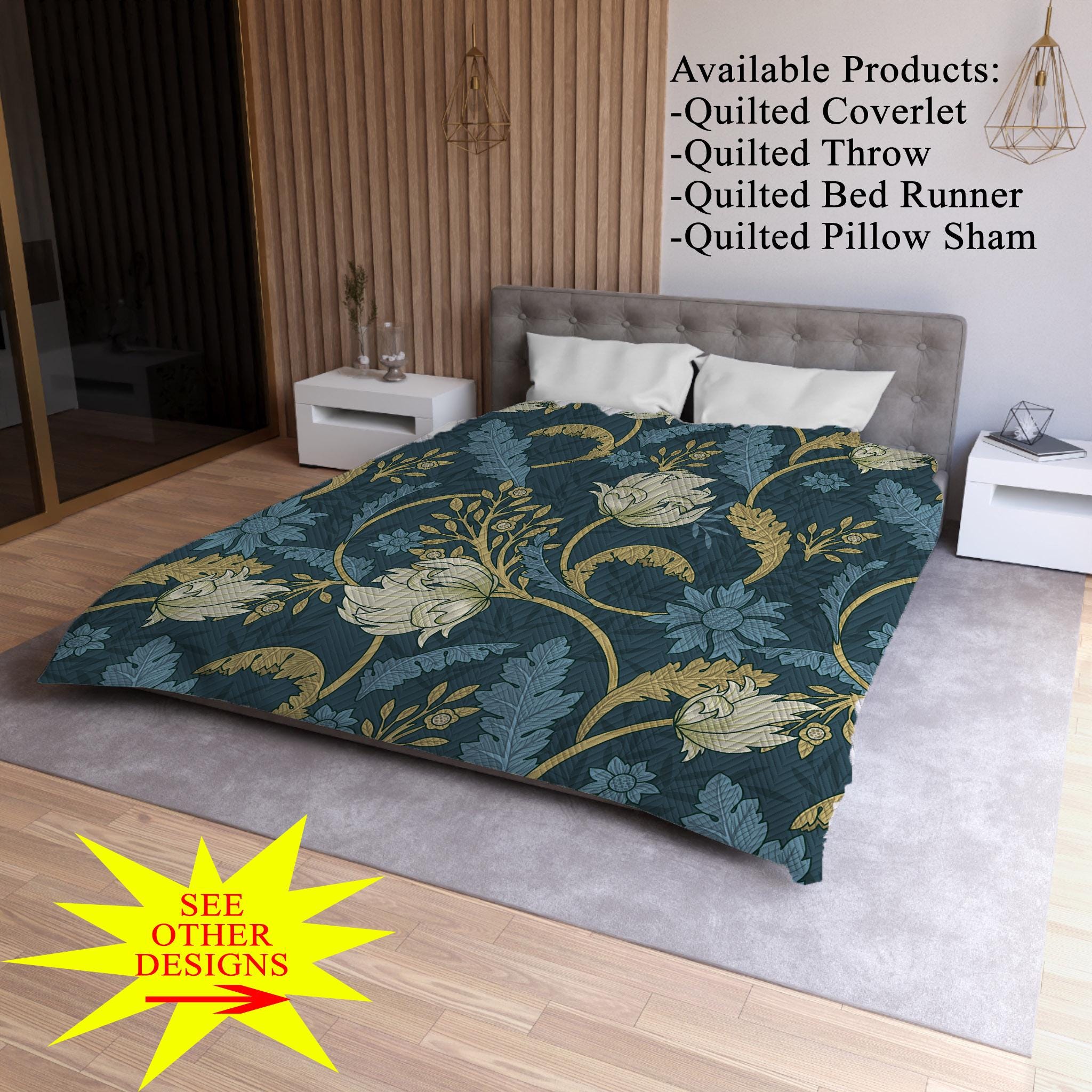 William Morris Inspired Quilted Coverlet, Quilted Throw, Quilted Bed Runner, Quilted Pillow Sham, Art Nouveau Bedding, Housewarming Gift