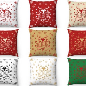 Ho Ho Ho Christmas Decor Throw Pillow Cover, Red Beige Gold White Deer Snowflake Outdoor Indoor Holiday Xmas Pillow, Euro Sham, Cushion Case