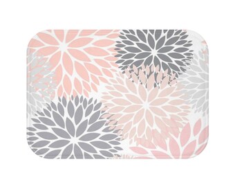 Bath Mat, Pink and Gray Dahlia Flower, Floral 24x17 Bath Mat, 34x21 Anti Slip Bath Rug, Washable Bath Mat, Modern Bathroom Decor, Home Gift