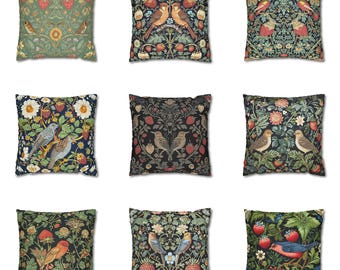 Strawberry Thief Pillow Cover, William Morris Style Throw Pillow with Insert, Cute Birds Outdoor Pillow Art Nouveau Dark Floral Cushion Case