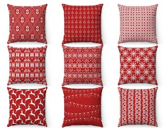 Red Christmas Decor Outdoor Indoor Throw Pillow Cover, Deer Snowflake Sweater Pillow, Holiday Accent Pillow, Red Cushion Case Xmas Euro Sham