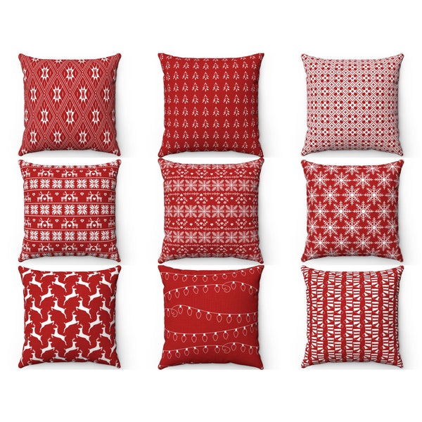 Red Christmas Decor Outdoor Indoor Throw Pillow Cover, Deer Snowflake Sweater Pillow, Holiday Accent Pillow, Red Cushion Case Xmas Euro Sham