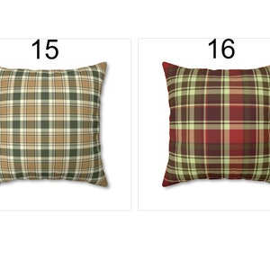 May include: Two square throw pillows with plaid patterns. One pillow features a green, tan, and white plaid design, labeled "15". The other pillow has a red, green, and tan plaid pattern, labeled "16". Both pillows are on a white background.
