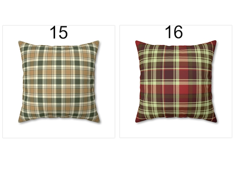 May include: Two square throw pillows with plaid patterns. One pillow features a green, tan, and white plaid design, labeled "15". The other pillow has a red, green, and tan plaid pattern, labeled "16". Both pillows are on a white background.
