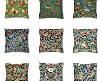 Strawberry Thief Pillow Cover, William Morris Style Throw Pillow, Cute Birds Outdoor Pillow, Floral Cushion Case, Farmhose Decor Pillow Gift