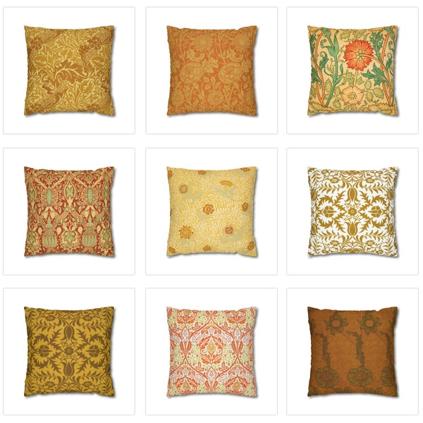 William Morris Pillow Cover, Outdoor Throw Pillow, Orange Gold Old Fashion Cushion Case, Vintage Decor Couch Accent, Art Nouveau Pillow Gift