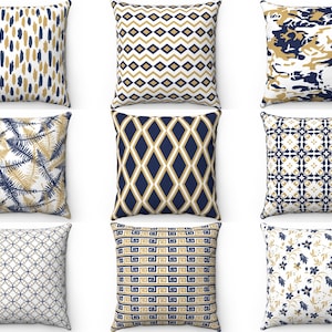 Navy Gold Throw Pillow Cover, Decorative Couch Sofa Accent Pillow, 16x16 18x18 20x20 22x22 24x24 Outdoor Indoor Cushion Case 26x26 Euro Sham